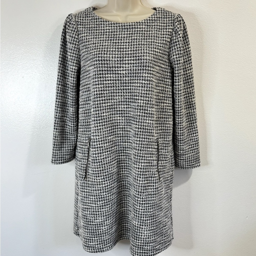 Gap Black White Silver Houndstooth Long Sleeve A-line Career Shift Dress Size XL